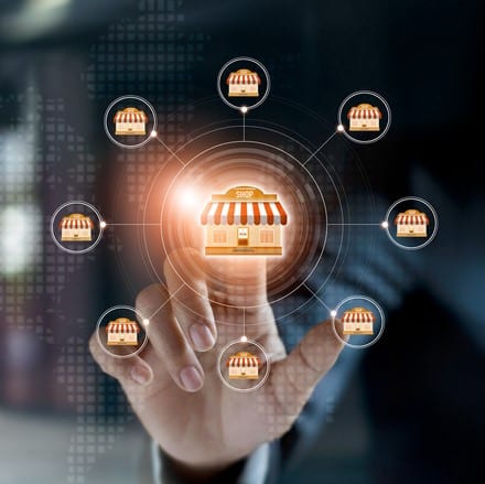 Businessman hand touching icon global network connection on franchise marketing system. Branch of market and customer. Modern technology business. Businessman hand touching icon global network connection on franchise marketing system. Branch of market and customer. Modern technology business.